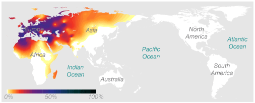 World map showing the worldwide distribution of maternal haplogroup H across different regions