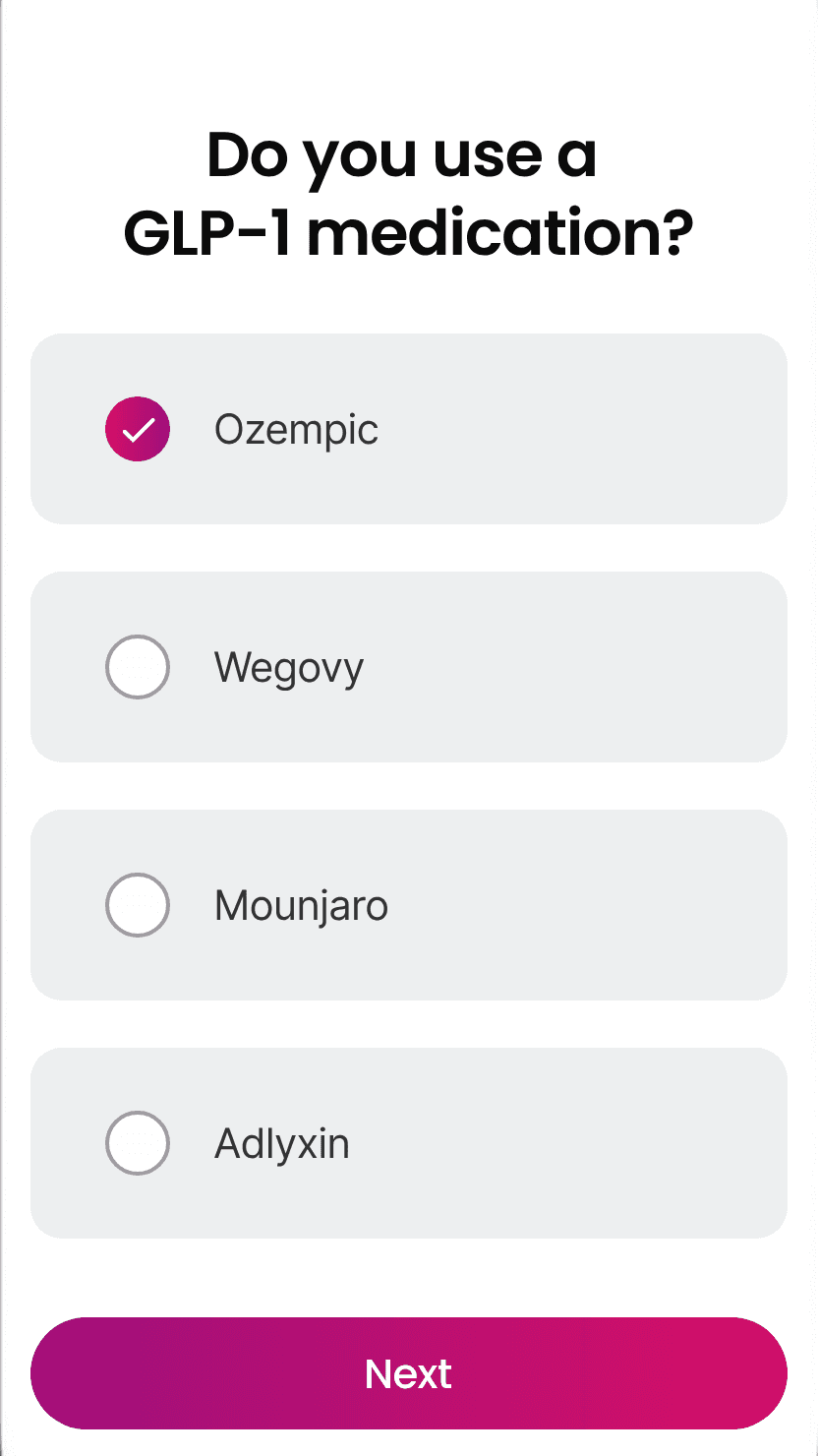 A 23andMe survey on a phone asking whether the participant uses a GLP-1 medication, with Ozempic, Wegovy, Mounjaro and Adlyxin as the options.