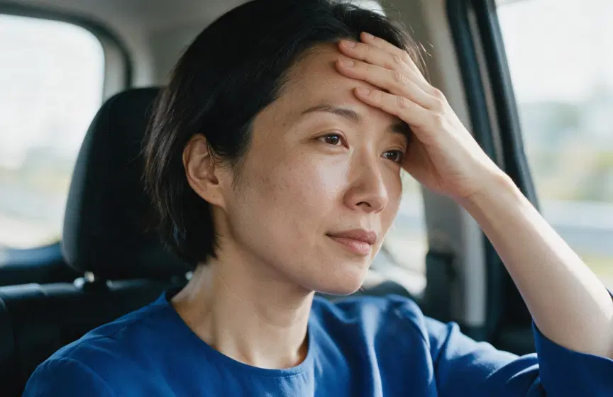 A woman sits in a parked car with one hand resting against her forehead, looking out of the window.