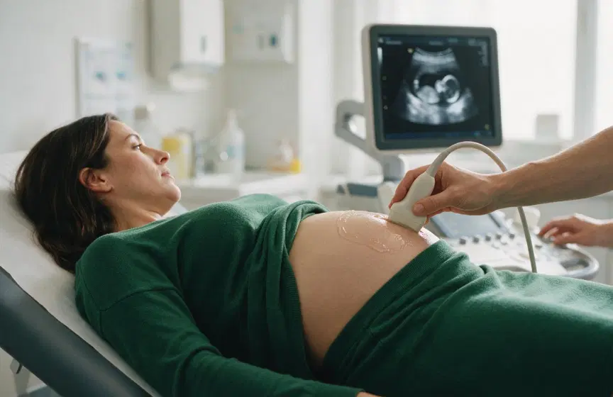 A pregnant woman lies on a clinic couch while a clinician moves an ultrasound probe across her abdomen.