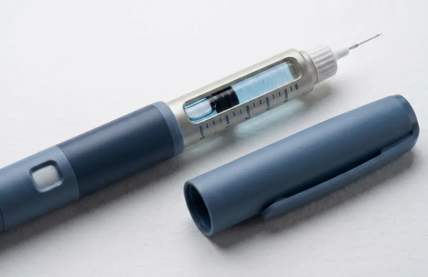 An injector pen lying on a pale surface with its cap off, the dose window showing the liquid inside.