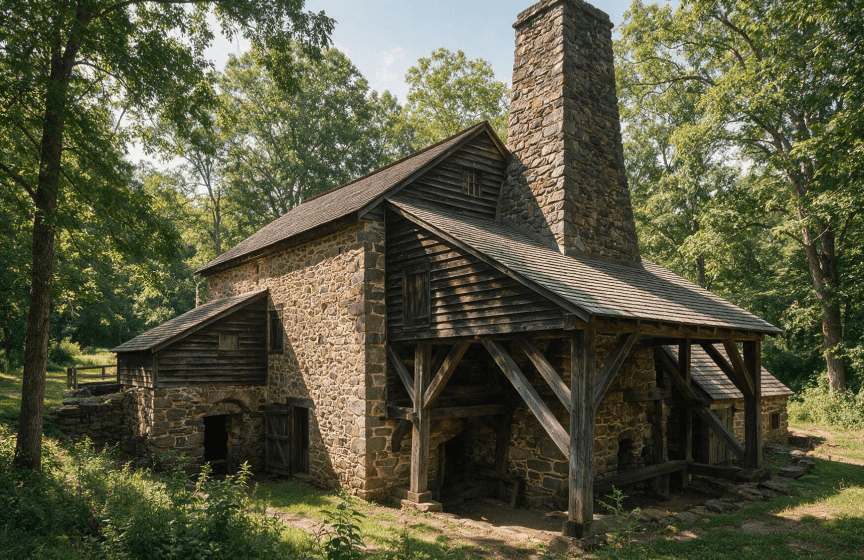 A preserved stone and timber ironworks building with a tall chimney, standing in woodland.